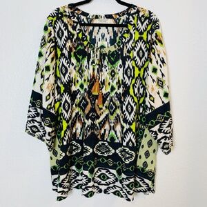 Orientique Naturally Australian Tunic Blouse Women's 1X Ikat Print Peasant Boho